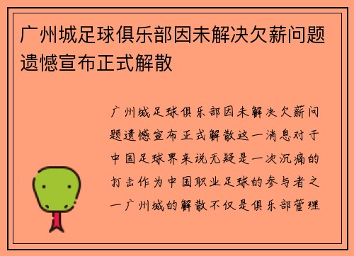 广州城足球俱乐部因未解决欠薪问题遗憾宣布正式解散 广州城足球俱乐部因未解决欠薪问题遗憾宣布正式解散