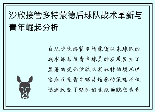 沙欣接管多特蒙德后球队战术革新与青年崛起分析
